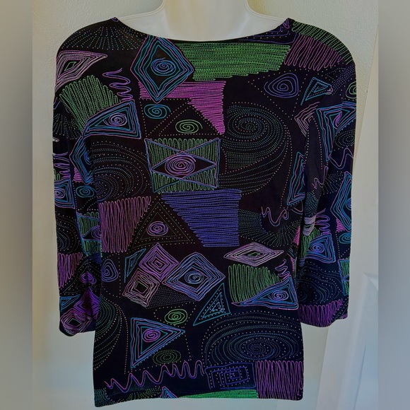 Vintage 80’s Slinky Top Elementz Black stretch Travel Women’s S 4 6 Geometric - Picture 4 of 4